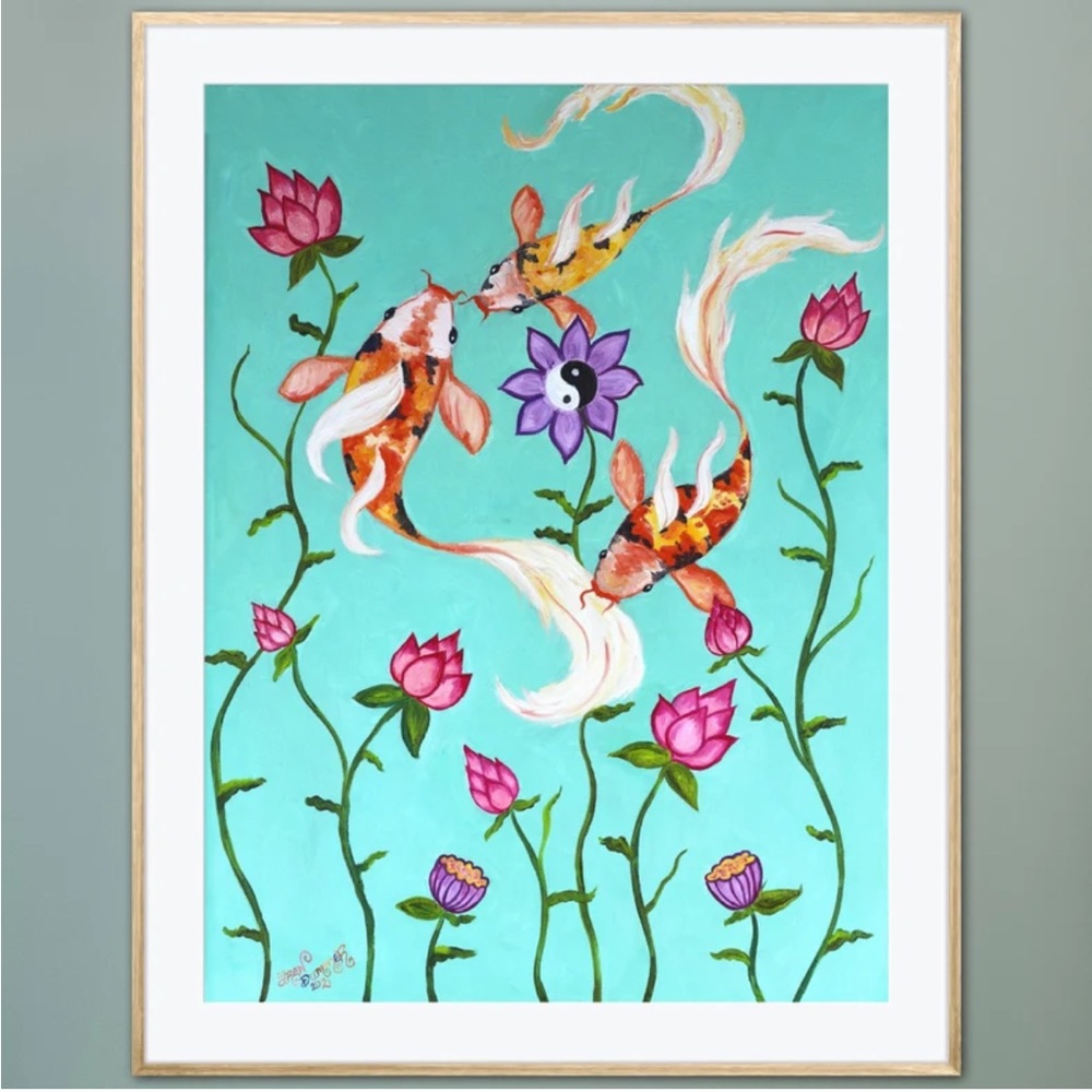 Koi Fish Lotus Blooms Oil Painting Art Print Zen Garden Pond Asian Oriental